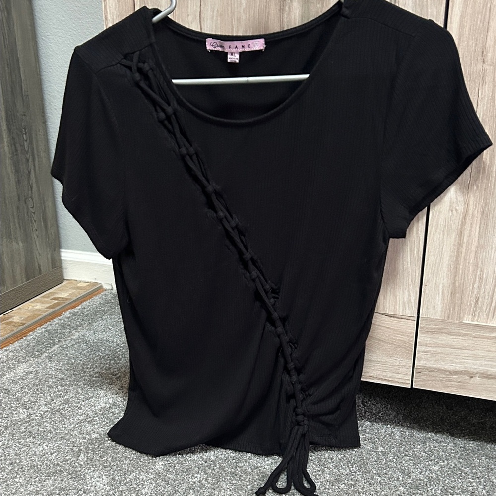 Crave Fame Black Braided Short Sleeve Tee
